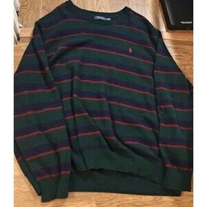 Polo Ralph Lauren Sweater Mens 4XB 100% Merino Wool Pony Striped Green Blue